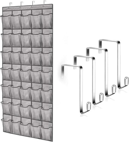 35 Large Pockets Over The Door Shoe Organizer – Sturdy Oxford Fabric Hanging Shoe Rack with Mesh Pockets, Door Shoe Rack with 4 Metal Hooks, Space-Saving Shoe Holder for Closet, Gray