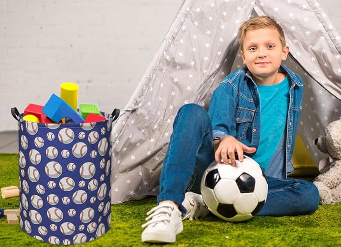 Baseball Kids Laundry Hamper, Large, Cotton & Linen, Waterproof PE Coating, Collapsible, Multi-purpose, Dinosaur Pattern