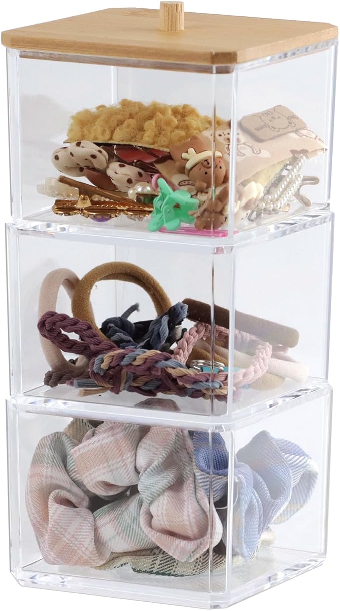 Clear Bathroom Dresser Organizer 3 Compartment with 1 Lid, Transparent Hair Accessories Organizer, Cotton Ball and Swab Holder, Small Plastic Storage Containers Vanity Makeup Organization (Wood Lid)