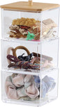 Clear Bathroom Dresser Organizer 3 Compartment with 1 Lid, Transparent Hair Accessories Organizer, Cotton Ball and Swab Holder, Small Plastic Storage Containers Vanity Makeup Organization (Wood Lid)