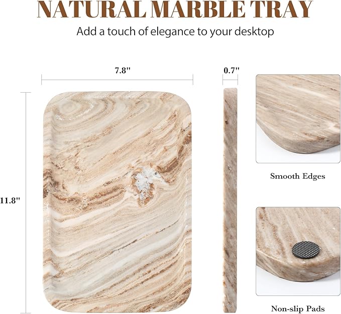 Koville Marble Tray, 12"x8" Natural Marble Vanity Tray for Countertop Bathroom Kitchen Dresser, Decorative Catchall Trays for Perfume Jewelry, Rectangular Stone Serving Tray（Palissandro）