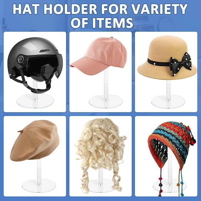2PCS Acrylic Hat Stand and Wig Display Rack with Height Adjustable, Clear Dome Tabletop Hat Stand Cap, Sun Hat Holder Stand, Cowboy Hat Holder Baseball Cap Rack for Display