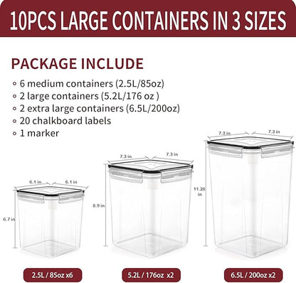 PRAKI Large Airtight Food Storage Containers with Lids, 10PCS Plastic Cereal Storage Containers, Kitchen & Pantry Organizers and Storage for Sugar, Flour, Baking Supplies with Lables & Mark
