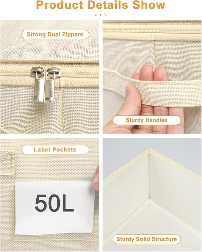 punemi Underbed Wedding Dress Storage Box, Wedding Dress Preservation Keepsake Trunk with Sturdy Zipper and Handles, Large Clothes Storage for Blankets, Pillows, Comforters & Quilts, Beige