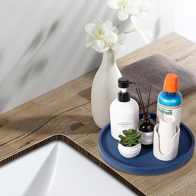 Silicone Bathroom Tray Round Vanity Tray Decorative Soap Holder Kitchen Countertop Organizer Coffee Table Decor for Candle, Perfume, Plant, 11 Inch, Dark Blue