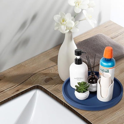 Silicone Bathroom Tray Round Vanity Tray Decorative Soap Holder Kitchen Countertop Organizer Coffee Table Decor for Candle, Perfume, Plant, 11 Inch, Dark Blue