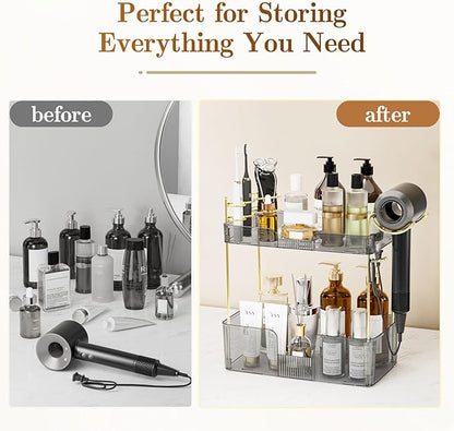 SpaceTrove 2-Tier Bathroom Counter Organizer, Makeup Organizer, Perfume Organizer, Large Skincare & Vanity Organizer, with Toothbrush, Toothpaste, Hair Dryer Holder (Smoky Grey)