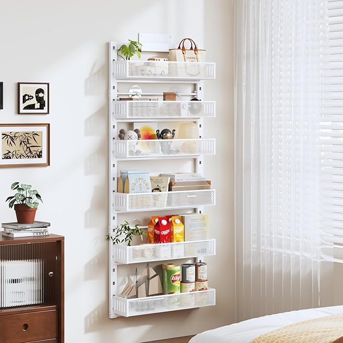 Pantry Door Organizers and Storage, 6-Tier Large Metal Heavy-Duty Frame Over the Door Spice Rack, 2 in 1 Wall-Mounted or Hanging shelf for Kitchen, Bathroom, Laundry Room, Bedroom, Closet &Nursery
