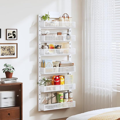 Pantry Door Organizers and Storage, 6-Tier Large Metal Heavy-Duty Frame Over the Door Spice Rack, 2 in 1 Wall-Mounted or Hanging shelf for Kitchen, Bathroom, Laundry Room, Bedroom, Closet &Nursery