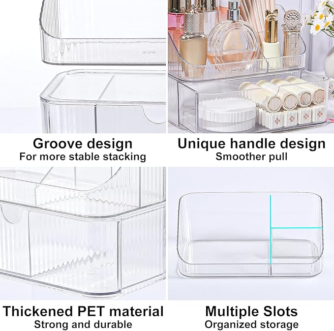 DASITON Makeup Organizer with Drawers, 2 Tier Stackable Organizer for Cosmetics, Skincare, Lipsticks, Makeup Brush, Acrylic Small Makeup Organizers for Vanity Bathroom Countertop Desk Storage (Clear)