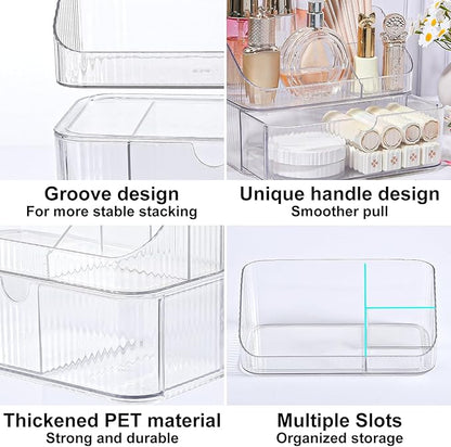 DASITON Makeup Organizer with Drawers, 2 Tier Stackable Organizer for Cosmetics, Skincare, Lipsticks, Makeup Brush, Acrylic Small Makeup Organizers for Vanity Bathroom Countertop Desk Storage (Clear)