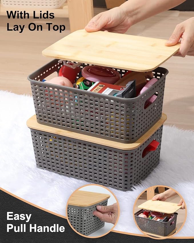 AREYZIN Storage Bins with Bamboo Lids Set of 6 Lidded Storage Container Plastic Baskets Organizer Bins for Organizing Kithen Room Bedroom Office Closet, Sturdy(Grey)