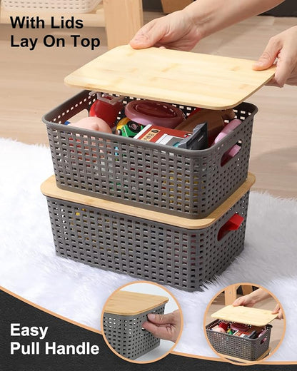 AREYZIN Storage Bins with Bamboo Lids Set of 6 Lidded Storage Container Plastic Baskets Organizer Bins for Organizing Kithen Room Bedroom Office Closet, Sturdy(Grey)