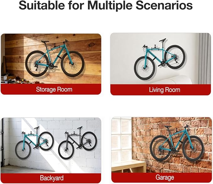 Bike Wall Mount Hanger - Adjustable Horizontal Bicycle Rack | Wall-Mounted Bike Hook for Road, Mountain & Hybrid Bikes | Space-Saving Bike Rack for Garage or Indoor Storage