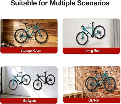 Bike Wall Mount Hanger - Adjustable Horizontal Bicycle Rack | Wall-Mounted Bike Hook for Road, Mountain & Hybrid Bikes | Space-Saving Bike Rack for Garage or Indoor Storage
