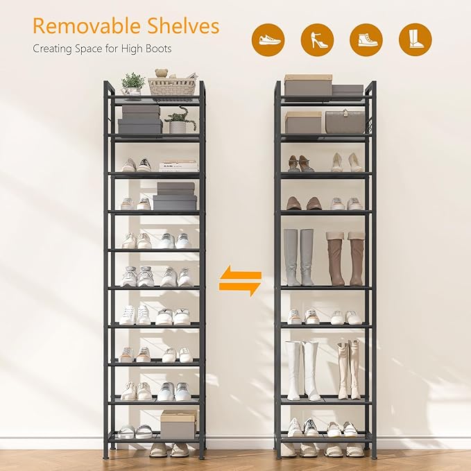 usikey 10 Tiers Narrow Shoe Rack 20-30 Pairs, Sturdy Metal Tall Shoe Rack Shelf with 4 Hooks, Slim Shoe Storage with Metal Shelf, Space Saving Vertical Shoe Organizer for Entryway Black UNYXJX018H