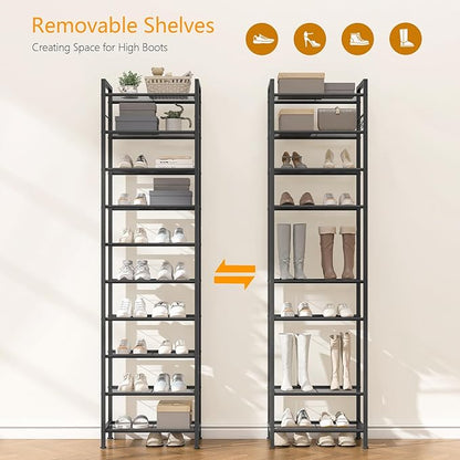 usikey 10 Tiers Narrow Shoe Rack 20-30 Pairs, Sturdy Metal Tall Shoe Rack Shelf with 4 Hooks, Slim Shoe Storage with Metal Shelf, Space Saving Vertical Shoe Organizer for Entryway Black UNYXJX018H