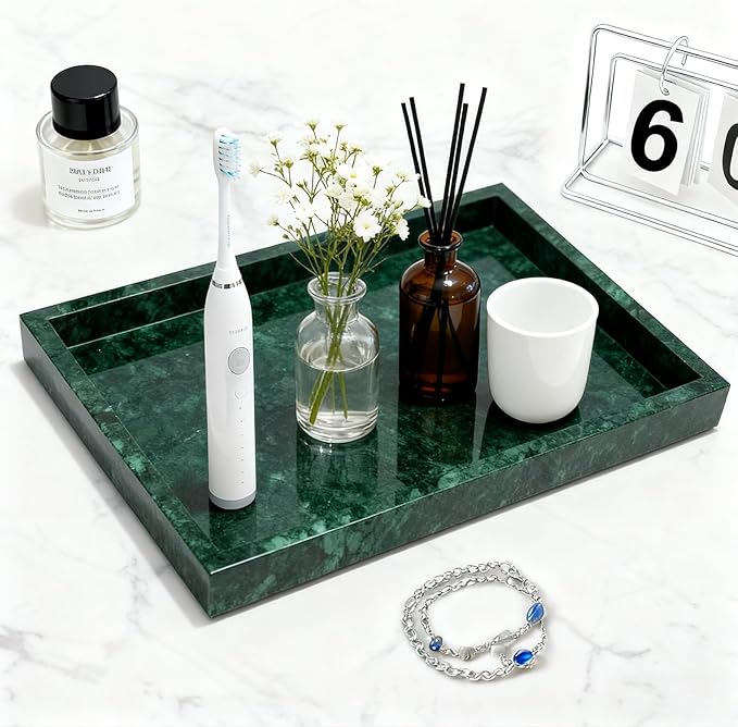Pure Natural Marble Tray for Bathroom, Dresser, Sink. Cosmetics, toiletries, perfumes, Jewelry, Candles, etc. can be Placed (Jade Green, 12" x 8" x 1.2")