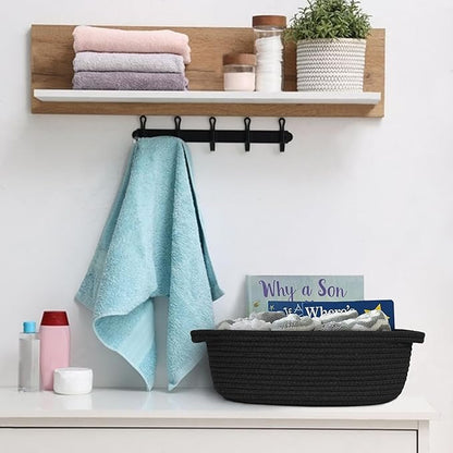 MEGASKET Black Woven Basket, 13” x 9” x 5” Cute Dog Toy Basket, Soft Cotton Rope Storage Box, Cat Toy Bin, Baskets for Gifts Empty, Small Baskets for Organizing, Decorative Basket