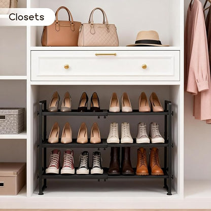 Expandable Shoe Rack for Closet - Shoe Organizer for Entryway, Adjustable Metal Shoe Storage, Stackable Long Shoe Stand Holder for Garage, Hallway, Door Entrance (Black, 3 Tier)
