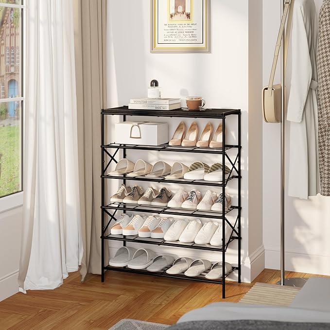 IBUYKE 6 Tier Shoe Rack, Large Capacity Shoe Storage Organizer for 24 Pairs of Shoes, Metal Shoe Storage Rack with Shelf for Entryway Hallway Closet Garage, Black TXJ016B