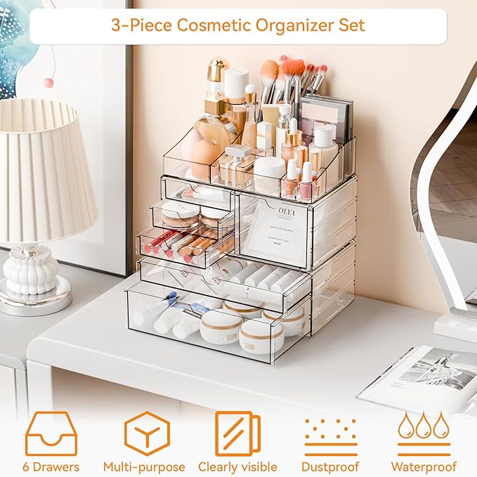 Yieach Acrylic Make up Organizers for Counter,Desk and Vanity,3 Pack Stackable Bathroom Counter Organizer with Drawers,Large Clear Makeup Organizers and Storage for Skincare,Cosmetic,Beauty Products