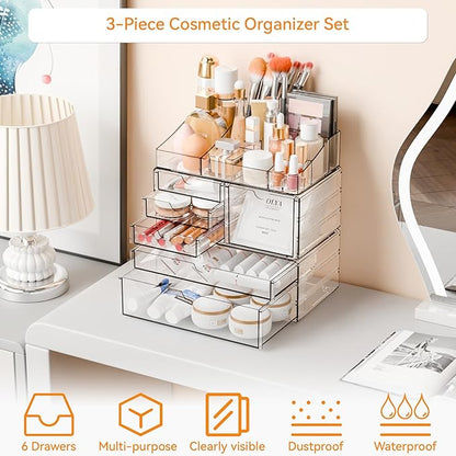 Yieach Acrylic Make up Organizers for Counter,Desk and Vanity,3 Pack Stackable Bathroom Counter Organizer with Drawers,Large Clear Makeup Organizers and Storage for Skincare,Cosmetic,Beauty Products