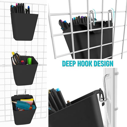 G.CORE Large Grid Wall Bins - 6Pack Black Gridwall Accessories Hanging Cups with Back Hooks - Plastic Grid Wall Panels Organizers Wire Shelves Holders for Garage Garden Craft Office Tools Storage