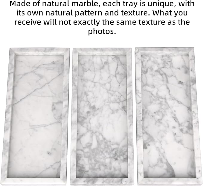 Marble Bathroom Vanity Tray, Natural Luxury Vanity Home Kitchen Bathroom Table Tray, Stone Decorative Countertop Dresser Trays for Key Coffee Perfume Jewelry Makeup (Carrara White, 12"x 5" x1.2")
