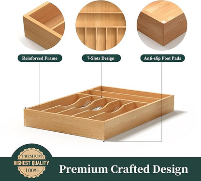 Silverware Organizer, Bamboo Kitchen Drawer Organizer, Utensil Holder, Cutlery Tray & Spoon Flatware Storage with Grooved Drawer Dividers (11''W x 16''D)