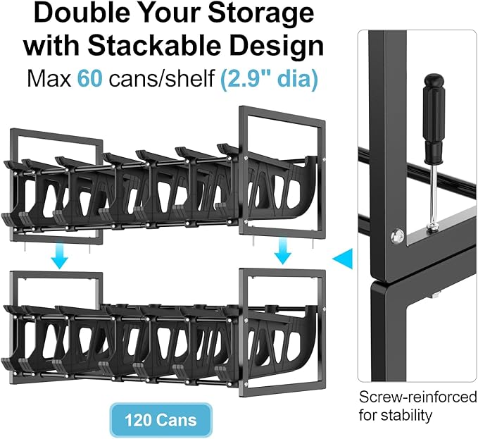 iSPECLE Expandable Can Organizer for Pantry, 2 Pack Large Capacity 120 Cans Can Storage Organizer Pantry Rack, Auto Rolling Dispenser & Stackable Wire Holder for Deep Pantry Shelves, Black