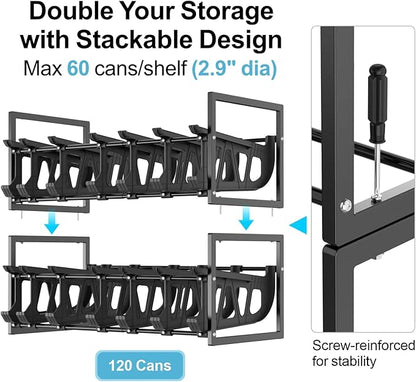 iSPECLE Expandable Can Organizer for Pantry, 2 Pack Large Capacity 120 Cans Can Storage Organizer Pantry Rack, Auto Rolling Dispenser & Stackable Wire Holder for Deep Pantry Shelves, Black