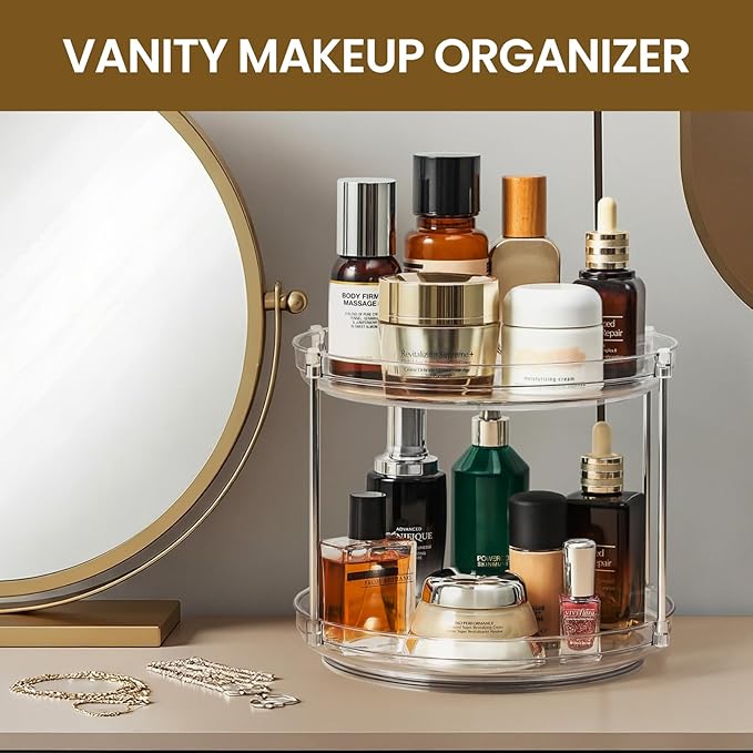 2 Tier Non-Skid Acrylic Lazy Susan Turntable Organizer - Rotating Spice Rack - Spinning Organization Tray for Kitchen, Pantry, Countertop, Closet, Bathroom, Vanity, Medicine Cabinet Organizing, 11''