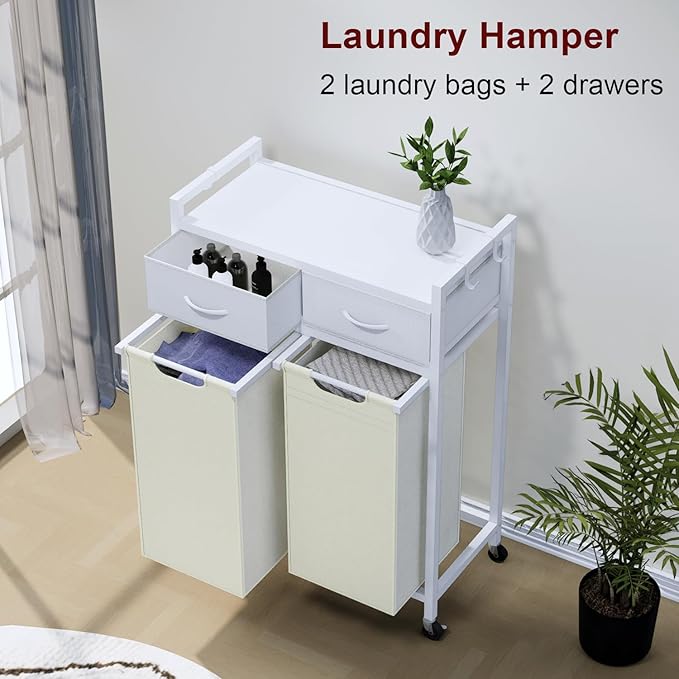 Timberer Laundry Hamper, Laundry Sorter 2 Section, Rolling Laundry Basket with Wheels, 2 Drawers, 2 × 14.5 Gal (55 L), Pull-Out and Removable Oxford Fabric Bags, White and Beige