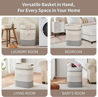AINUOQI Laundry Basket with Handles - Blanket Basket & Hampers for Bedroom Aesthetic, Laundry Hamper & Blanket Storage for Living Room, Clothes Hamper, Tall, Large 17" x 14" x 22”, Grey & White