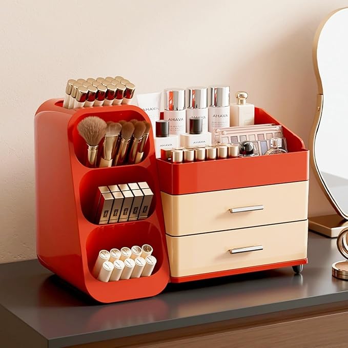 Makeup Organizer with Drawers,Large Capacity Countertop Organizer for Vanity,Bathroom and Bedroom Desk Cosmetics Organizer,Easy To Storage Skincare,Brushes,Lotions (Red and Cream)