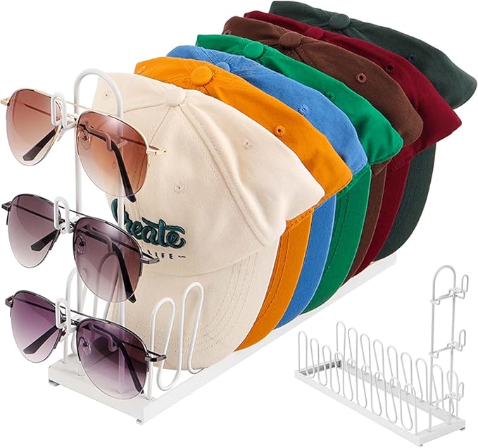 2-In-1 Glasses Hat Organizer for Baseball Caps, Carbon steel Hat Organizer with 3 Eyeglasses, Hat Rack Holds 8 Caps,Space-Saving for Bedroom, Closet, Dresser (White)