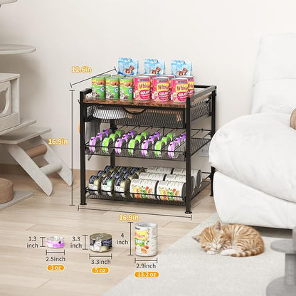 Cat Food Organizer，2 Floors Bring Drawer Storage Rack, Manually Adjust The Gap Size，Store Suitable Can Sizes Container，Automatic Slip Design，Suitable For Pet Food Canned Food Dispenser