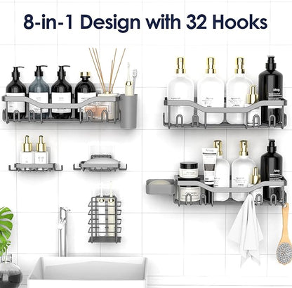 NESOMI Shower Caddy Adhesive Shower Organizer 8-Pack, Rustproof Stainless Steel Bathroom Shelves, Large Capacity No-Drill Rack Storage Accessories with Soap Dish Toothbrush Holder Hooks