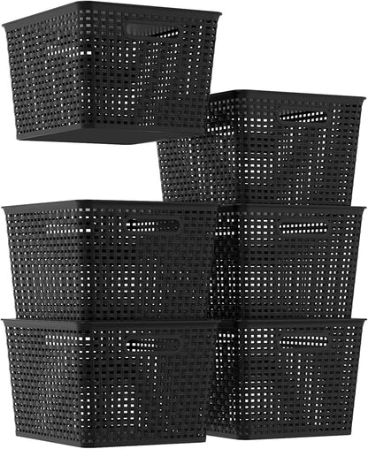 6-Pack Plastic Storage Baskets with Lid, Lidded Storage Organizer Bin, Black
