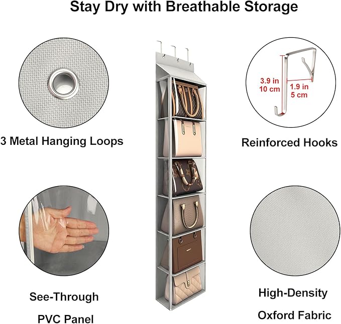 Lirex Over The Door Purse Organizer & Purse Shelf for Closet – Handbag Storage Organizer with Purse Hanger. Perfect for Scarves, Hats, and Leggings. S (11.8'' x 5'' x 51.6''), Light Grey