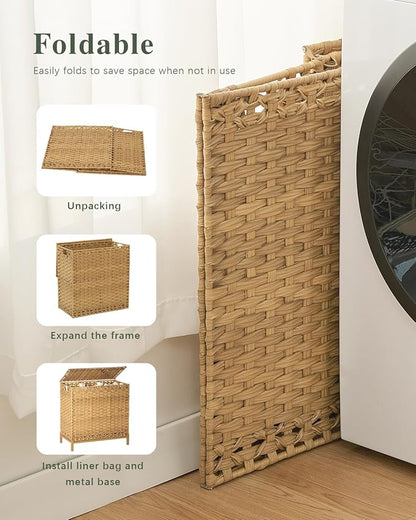SETVSON Laundry Hamper with Lid 132 L, (35 Gallons) Clothes Hamper with Lid, Handwoven Rattan Laundry Hamper with Metal Heightened Feet, Laundry Hampers with 3 Removable Liner Bags for Laundry-Natural
