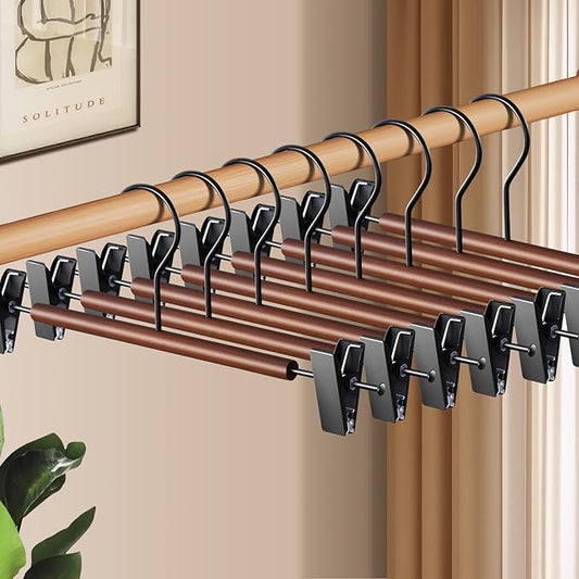Wooden Pants Hangers with Clips 14Inch 20 Pack Adjustable Wood Skirt Hangers for Women&Men Space Saving Closet Non Slip Clothes Hanger for Jeans,Trousers,Short,Brown