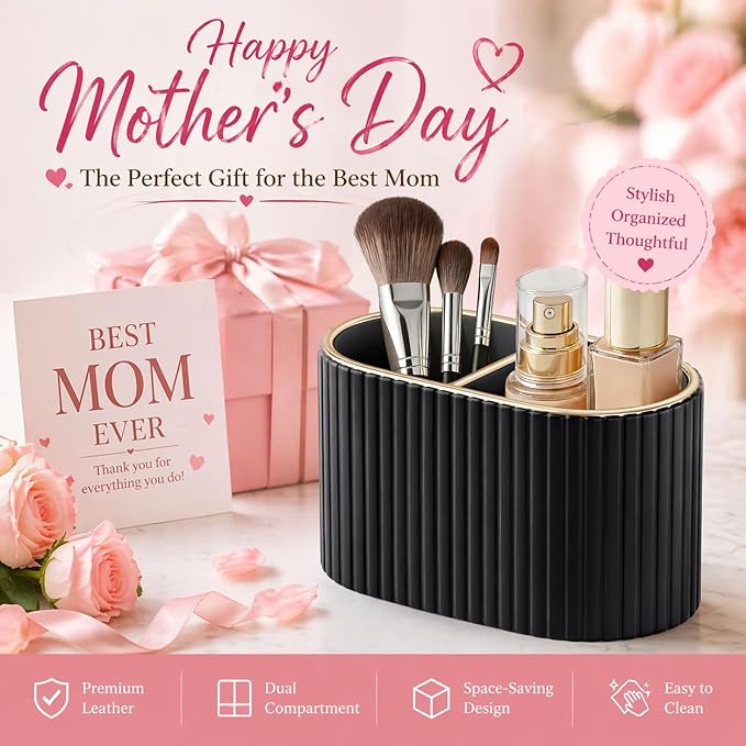 KINGFOM Makeup Brush Holder Organizer with Divider, PU Leather Vanity Brush Holder for Bathroom Countertop & Dressing Table, Cosmetic Desktop Storage Caddy for Makeup Tools Oval (Black)