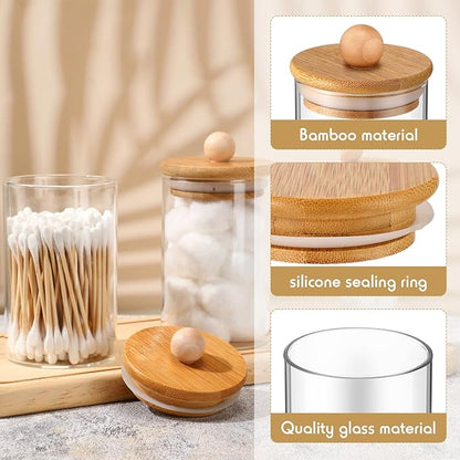 6 Pack Glass Apothecary Jars with Lids Bamboo Bathroom Accessories Cotton Balls Pads Swabs Holder Jar Bathroom Canisters for Vanity Accessories Storage