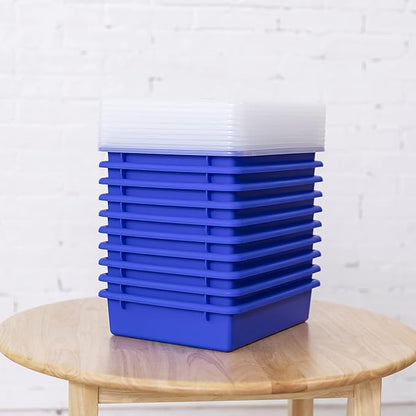 ECR4Kids Letter Size Plastic Tray Organizer with Lids, Small, Storage Bins, Blue, 10-Piece