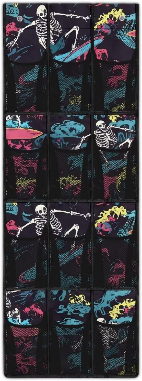 Skull Hanging Storage Organizer with 12 Breathable Mesh Pockets over the Door Shoe Rack for Closet Door Organizer Heavy Duty Space Saving Hanging Storage Bag for College Dorms
