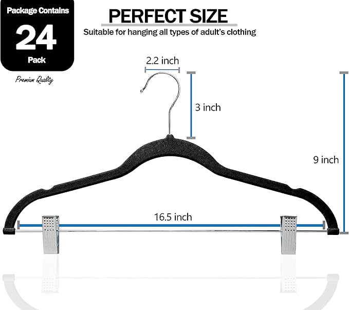 GVTECH Velvet Hangers with Clips, [24 Pack] Metal Clip Hangers for Pants - Notched Velvet Skirt Hangers for Pants, Skirts, Suit, Dresses & Shirts 360° Swivel Hook - Non Slip Felt Hangers (Black)