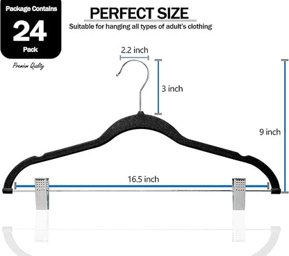 GVTECH Velvet Hangers with Clips, [24 Pack] Metal Clip Hangers for Pants - Notched Velvet Skirt Hangers for Pants, Skirts, Suit, Dresses & Shirts 360° Swivel Hook - Non Slip Felt Hangers (Black)
