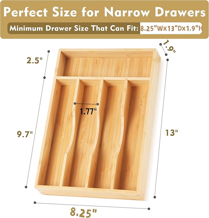 Upassion Bamboo Kitchen Drawer Organizer, 8.25 Inch Utensil Organizer Silverware Utensil Holder for Samll Drawer, Silverware Organizer for Cutlery Knives, Natural